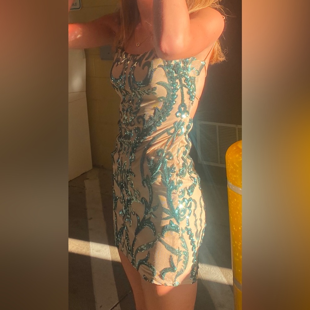 Sparkly green and beige mini dress :)